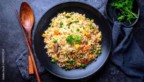 A close-up overhead view of a black plate filled with savory fried rice, garnished with fresh cilantro, accompanied by a wooden spoon and chopsticks.