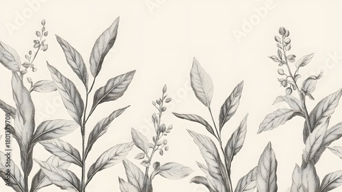Elegant Monochrome Botanical of Lush Foliage Leaves and Floral Stems