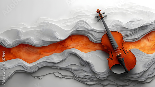 Elegant Violin Amidst Flowing Waves of Gray and Orange Hues