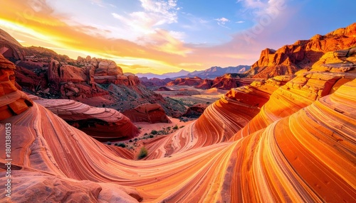 A surreal desert landscape featuring swirling sandstone formations illuminated by the warm glow of a sunset.