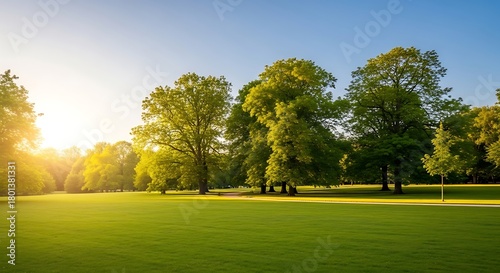 Golden hour sunshine illuminating a lush green park landscape with trees.
