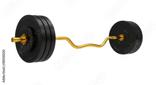 Golden EZ curl barbell with black weights isolated on transparent background.