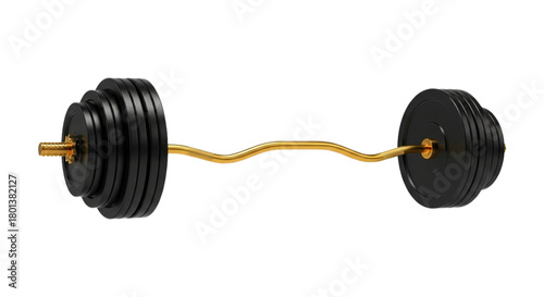 Gold EZ curl bar and heavy black plates, isolated on transparent background.