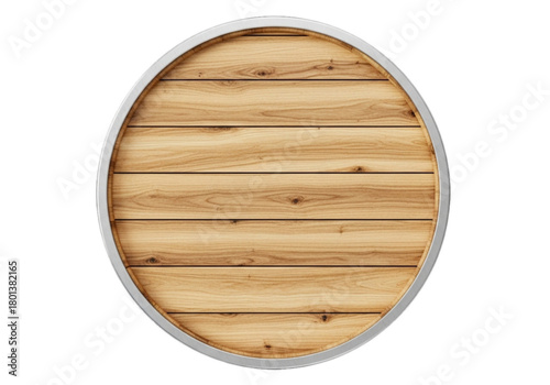 Wooden barrel end with metal hoop isolated on transparent background.