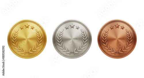 Three award medals: gold, silver, bronze, isolated on transparent background.
