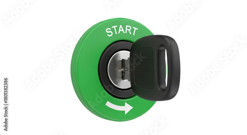 Green "START" ignition switch and key, isolated on transparent background.