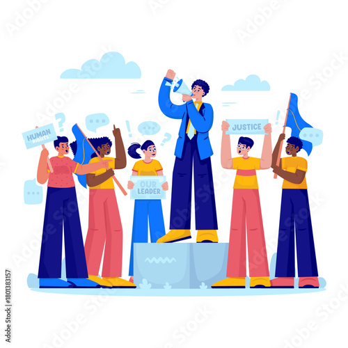 Demonstration Leader Delivering Public Speech on Podium Vector Illustration