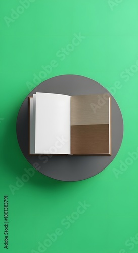 Open blank notebook with brown and white pages lying on a round gray surface against a vibrant green background
