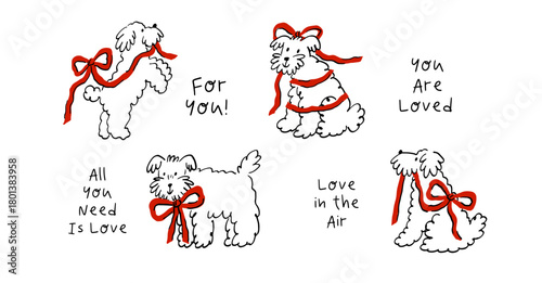 Cute Dog With elegant ribbon and bow. Pet Sketch illustration in a playful doodle style. Valentine's Day print - vector clipart. Whimsical romantic print