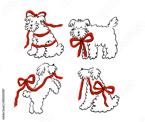 Cute Dog With elegant ribbon and bow. Pet Sketch illustration in a playful doodle style. Valentine's Day print - vector clipart. Whimsical romantic print