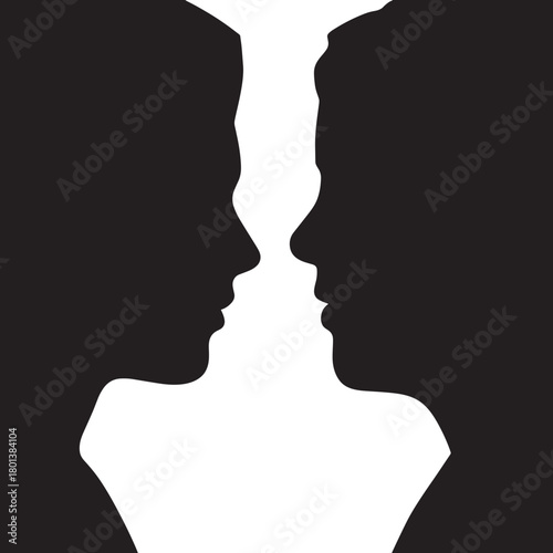 Optical illusion of two faces silhouette illustration creating a vase shape in the negative space for psychology or perce