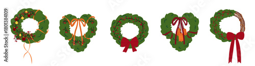 A set of Christmas wreaths. Vector round frames with fir and pine trees. A Christmas wreath frame. Fir branches with Christmas decorations, ribbons, bows, holly berries, baubles, and bells