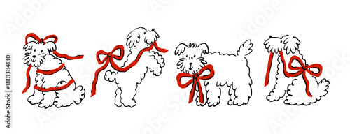 Cute Dog With elegant ribbon and bow. Pet Sketch illustration in a playful doodle style. Valentine's Day print - vector clipart. Whimsical romantic print