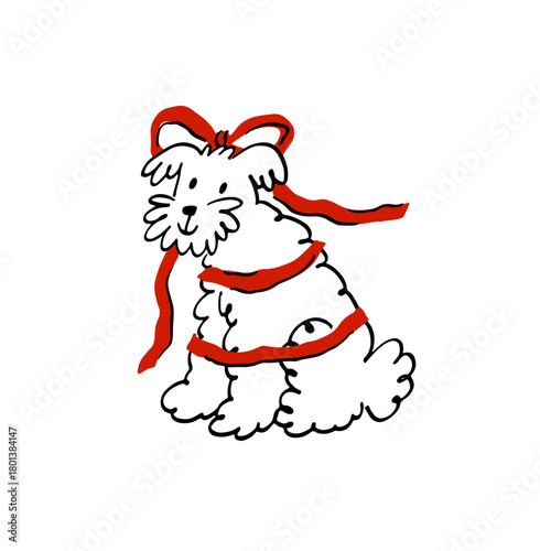 Cute Dog With elegant ribbon and bow. Pet Sketch illustration in a playful doodle style. Valentine's Day print - vector clipart. Whimsical romantic print