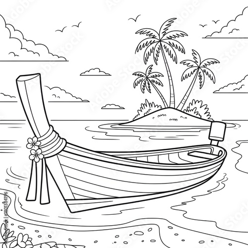 Tropical Beach Boat Outline | Island Shore Vector | Sea Landscape Line Art Illustration vector style coloring page 