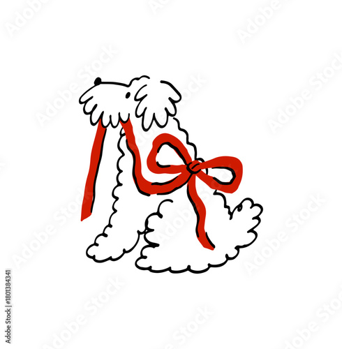 Cute Dog With elegant ribbon and bow. Pet Sketch illustration in a playful doodle style. Valentine's Day print - vector clipart. Whimsical romantic print
