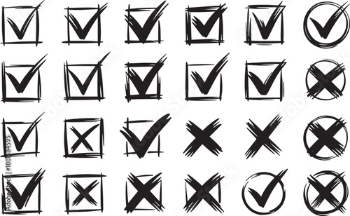 Hand drawn check mark and cross mark collection illustration of approval and rejection symbols isolated on white backgrou