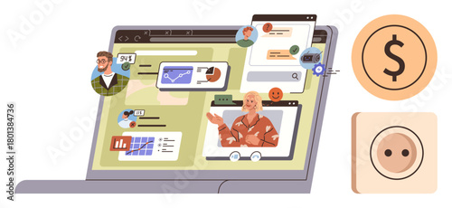 Laptop screen featuring virtual meetings, chat messages, graphs, and financial tools, symbolizing teamwork, productivity. Ideal for remote work, digital tools, communication business online