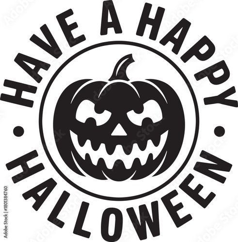Halloween jack o lantern icon with happy text, black and white