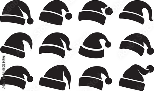 Set of Santa hat icons simple black silhouette collection for Christmas and New Year design elements isolated on white ba