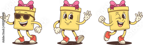 Three energetic cartoon gift box characters mascot vector illustration set. Showing rock gesture winking waving and raised fist. Confident poses for advertising promotion music theme