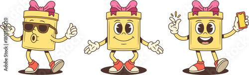 Three cartoon gift box characters vector illustration set. Showing OK gesture with sunglasses spreading arms and holding smartphone. Modern poses for advertising promotion digital theme