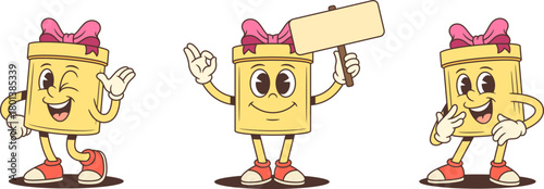 Three lively cartoon gift box characters mascot vector illustration set. Waving with wink holding blank sign and laughing joyfully. Emotional poses for advertising promotion communication theme