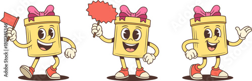 Three inviting cartoon gift box characters mascot vector illustration set. Holding red flag displaying placard and gesturing welcome. Friendly poses for advertising promotion invitation theme