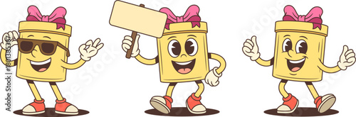 Three cartoon gift box characters mascot vector illustration set. Wearing sunglasses OK gesture holding blank sign and thumbs up. Confident poses for advertising promotion approval theme