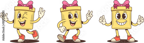 Three cartoon gift box characters mascot vector illustration set. Waving hello victory sign and double thumbs up. Celebratory poses for advertising promotion success theme. Upbeat positive collection