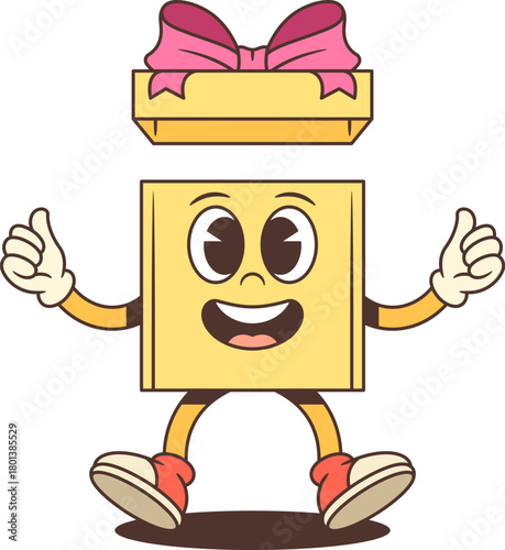 Animated cartoon gift box character mascot vector illustration. Yellow present with flying pink lid gives enthusiastic thumbs up gesture. Perfect for grand openings and special announcements