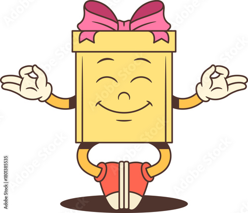 Peaceful cartoon gift box character mascot vector illustration. Yellow present with pink ribbon meditates in lotus position with calm expression. Ideal for wellness themes and mindful marketing