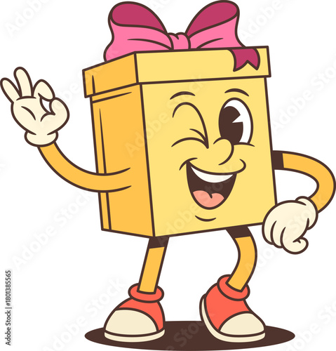 Friendly cartoon gift box character mascot vector illustration. Yellow present with pink ribbon winks while making OK hand sign. Perfect for positive feedback and approval marketing campaigns