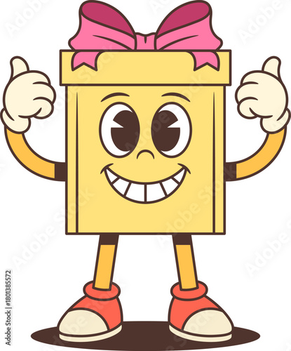 Cheerful cartoon gift box character mascot vector illustration. Yellow present with pink ribbon makes double OK hand gestures. Perfect for approval messages and positive feedback campaigns