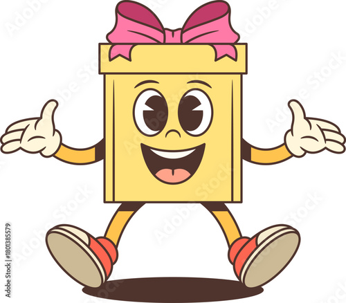 Energetic cartoon gift box character mascot vector illustration. Yellow present with pink bow jumps joyfully with outstretched arms. Perfect for celebration themes and enthusiastic promotions