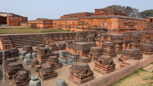 India, Bihar, Rajgir, View of Ancient Ruins of Worlds Oldest Nalanda University, The Red Brick Monuments With Ruin Buddha Vihara's Around Campus.