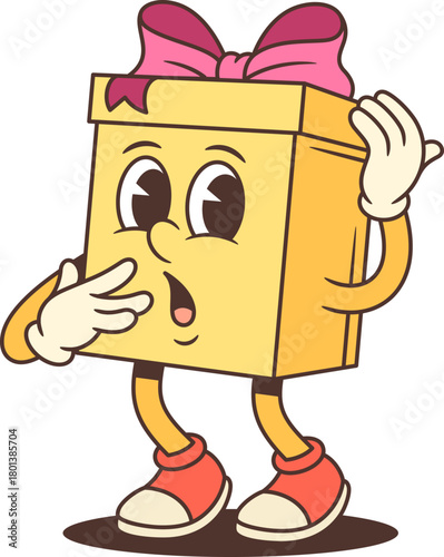 Expressive cartoon gift box character mascot vector illustration. Covering mouth with hand in surprise gesture. Shocked reaction for advertising promotion surprise event. Dramatic emotional concept