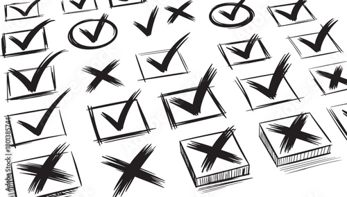 Hand drawn check mark and cross set illustration for surveys tests and task management