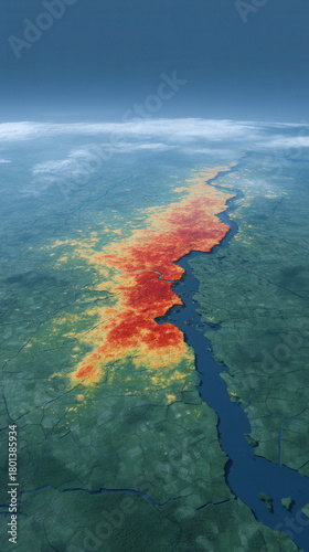 Aerial view showing heatmap overlay on landscape with river, highlighting population density or urbanization in red and yellow tones, suggesting data visualization and environmental analysis