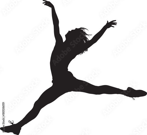 Silhouette of a female dancer jumping illustration of an athletic woman in mid-air isolated on white background