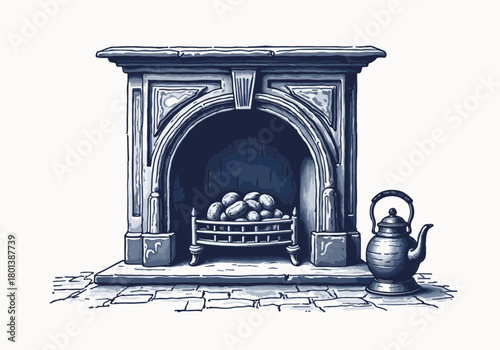 Cozy fireplace with iron kettle, surrounded by stonework, exuding warmth and comfort, perfect for winter ambiance and inviting atmosphere for relaxation and gathering