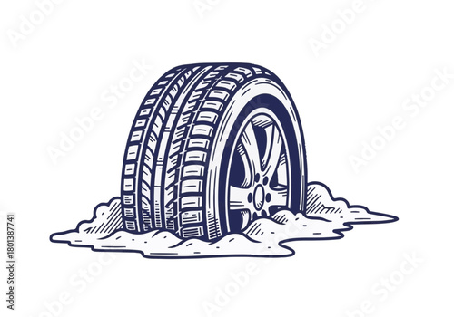 Tire partially submerged in snow, showcasing winter conditions, surrounded by soft white snow, illustrating the challenges of driving in winter weather and the need for proper vehicle maintenance