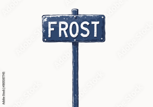 Frost-covered metal signpost stands against a winter backdrop, showcasing the beauty of seasonal changes and the chill of the cold weather atmosphere