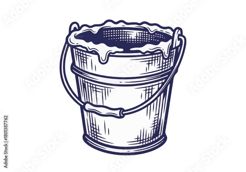 Vintage bucket filled with snow, showcasing a rustic design, with a textured surface and a classic handle, perfect for winter-themed decorations and seasonal imagery