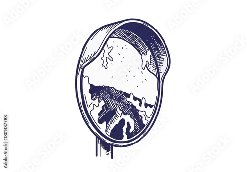 Winter landscape illustration featuring a snow-covered mountain reflected in a round mirror, capturing the serene beauty of nature in a tranquil setting with copy space