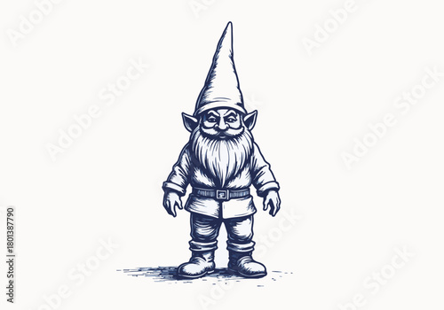 Frozen gnome statue stands in winter landscape, surrounded by snow-covered ground and frosty trees, creating a whimsical and enchanting seasonal atmosphere