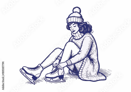 Young woman in cozy sweater and hat sits on ice, lacing up skates, surrounded by winter scenery, embodying the joy of ice skating in a serene atmosphere