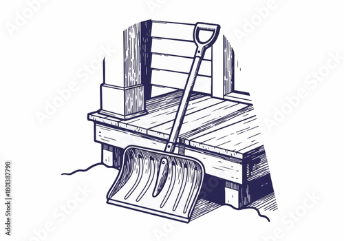 Winter scene featuring a snow shovel resting on a wooden porch, surrounded by snow, illustrating the seasonal preparation for snow removal and outdoor maintenance