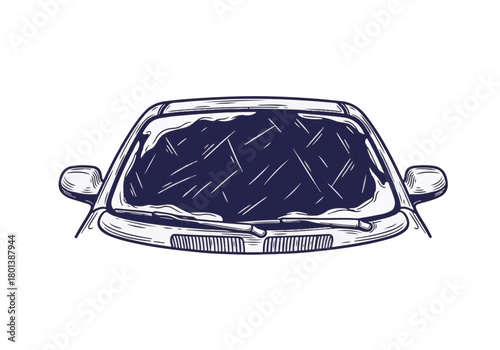 Car windshield covered in frost, showcasing intricate ice patterns, with a wintery atmosphere, emphasizing the beauty of seasonal changes and the chill of winter mornings