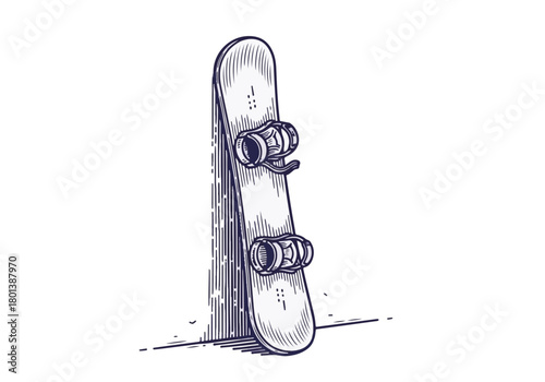 Snowboard leaning against a wall, showcasing its bindings and design, surrounded by winter elements, evoking a sense of adventure and excitement in snowy landscapes